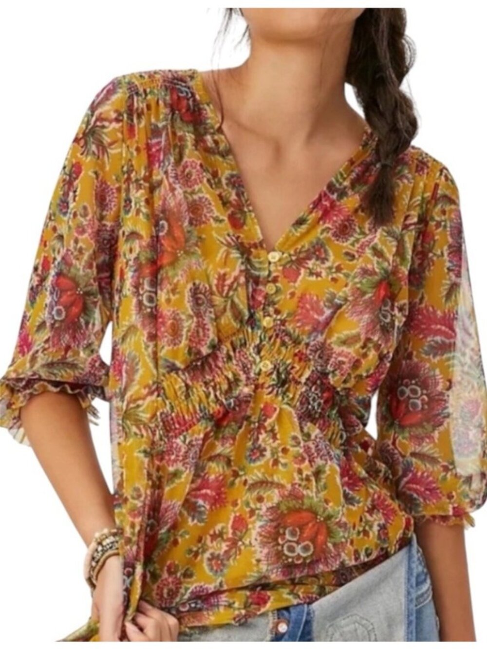 Anthropologie Gretchen Multicolor Boho Peasant Prairie Blouse Size Petite Large - Picture 1 of 9